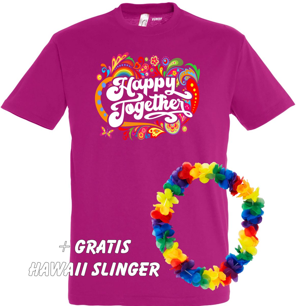 T-shirt Happy Together Print | Toppers in Concert 2022 | Toppers kleding shirt | Flower Power | Hippie Jaren 60 | Fuchsia | maat 3XL
